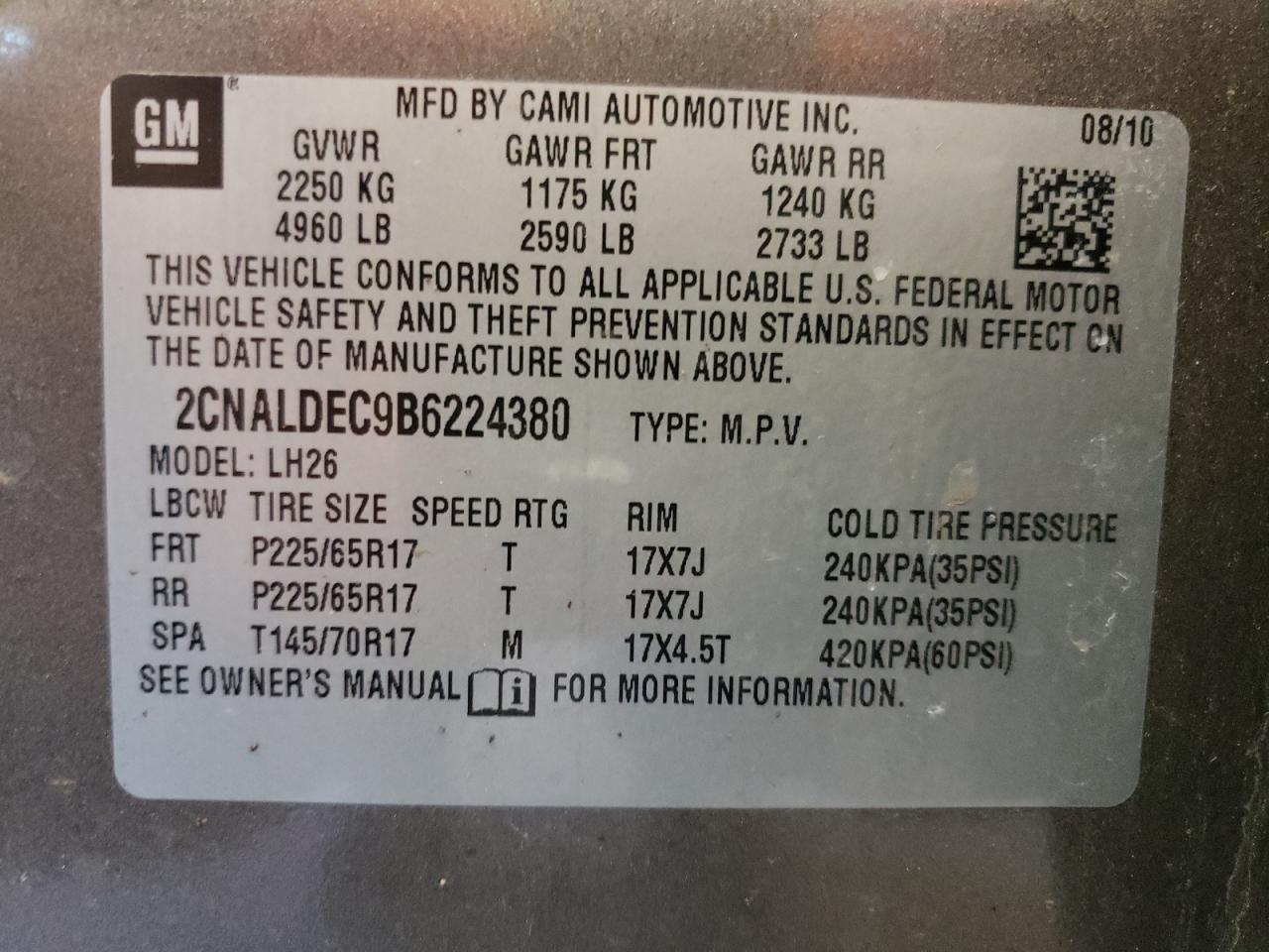 Photo 10 from auction – 2011 CHEVROLET EQUINOX LT with VIN 2CNALDEC9B6224380