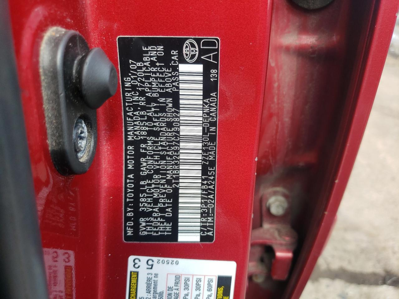 Photo 10 from auction – 2007 TOYOTA COROLLA CE with VIN 2T1BR32E97C790827