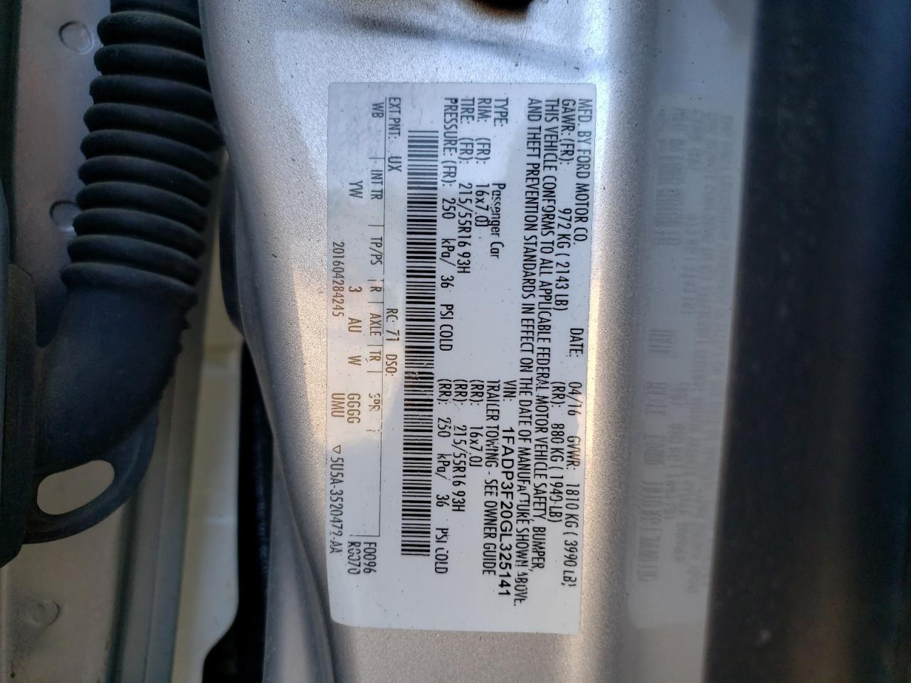Photo 10 from auction – 2016 FORD FOCUS SE with VIN 1FADP3F20GL325141