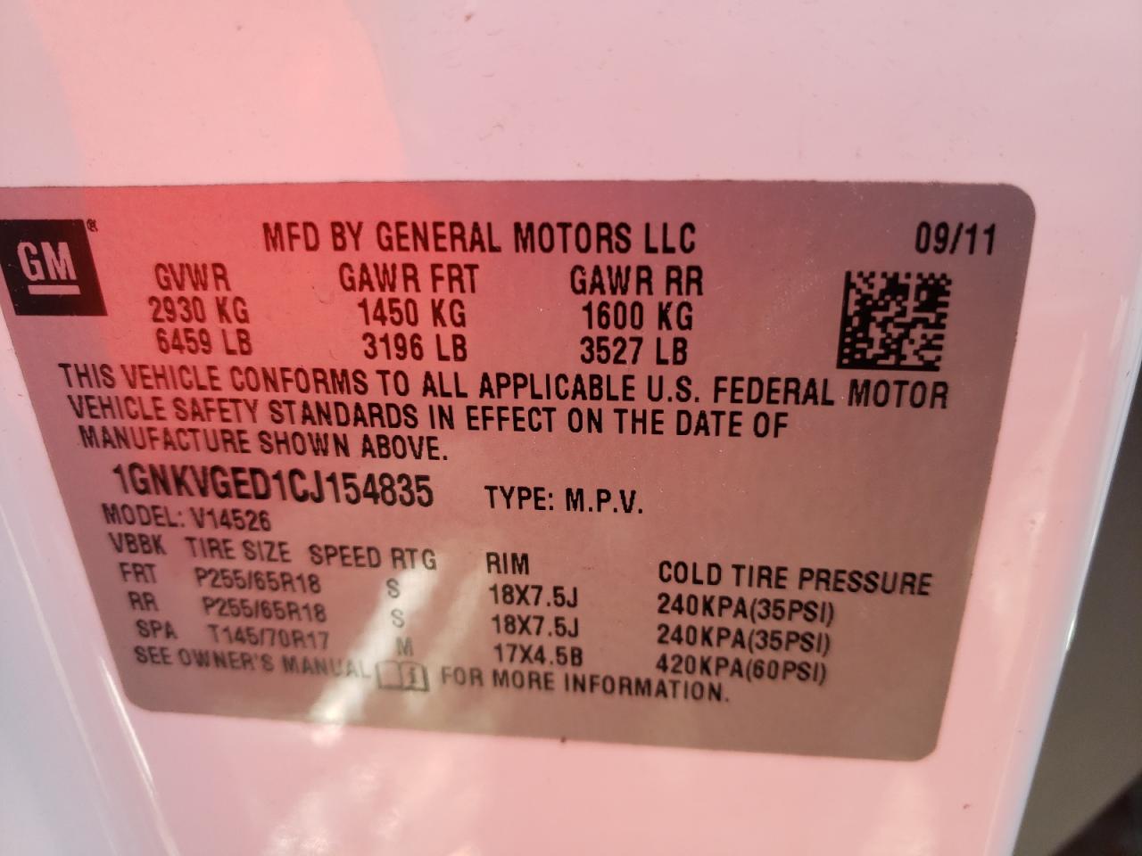 Photo 10 from auction – 2012 CHEVROLET TRAVERSE L with VIN 1GNKVGED1CJ154835