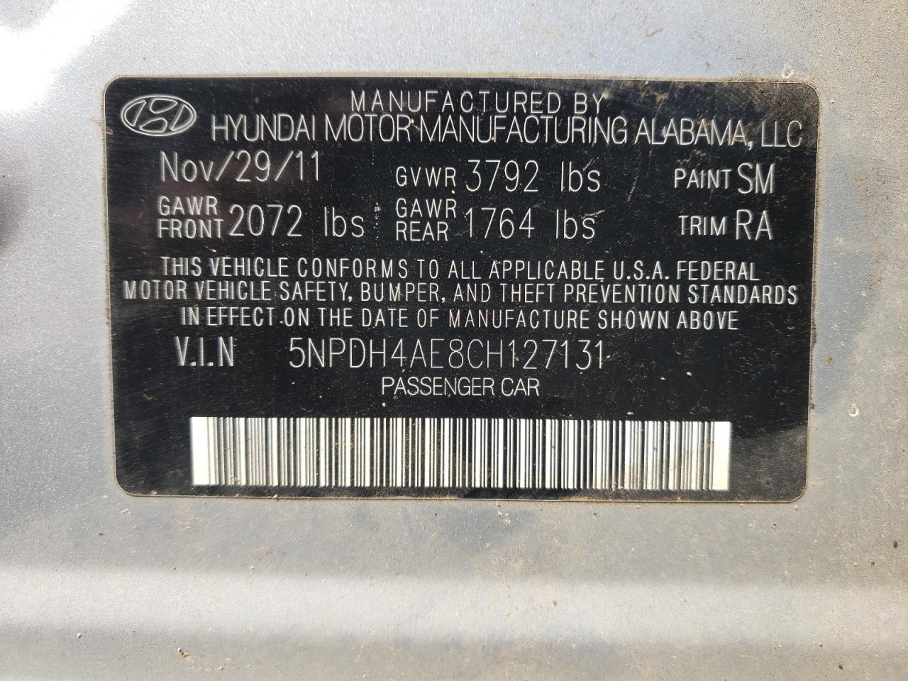 Photo 10 from auction – 2012 HYUNDAI ELANTRA GL with VIN 5NPDH4AE8CH127131