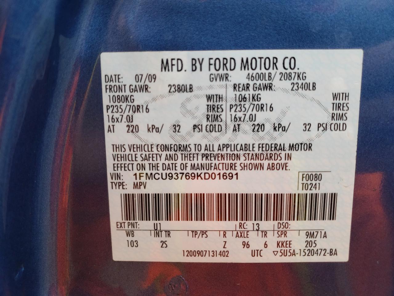 Photo 10 from auction – 2009 FORD ESCAPE XLT with VIN 1FMCU93769KD01691