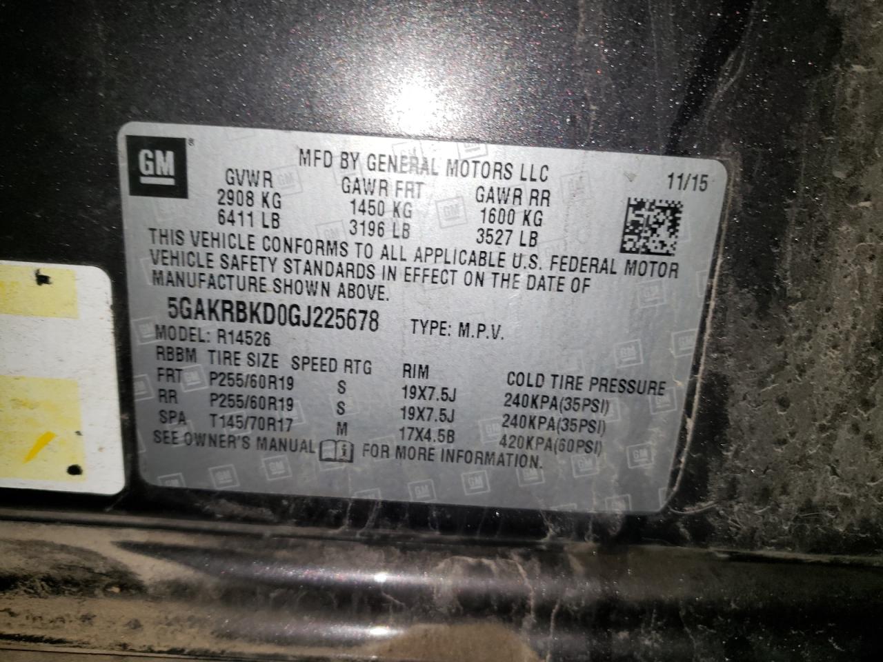Photo 10 from auction – 2016 BUICK ENCLAVE with VIN 5GAKRBKD0GJ225678