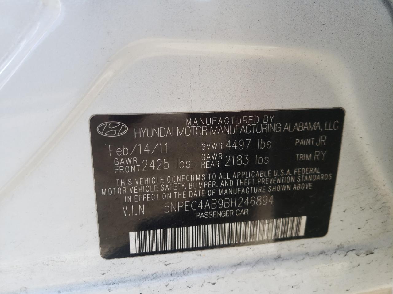 Photo 10 from auction – 2011 HYUNDAI SONATA SE with VIN 5NPEC4AB9BH246894