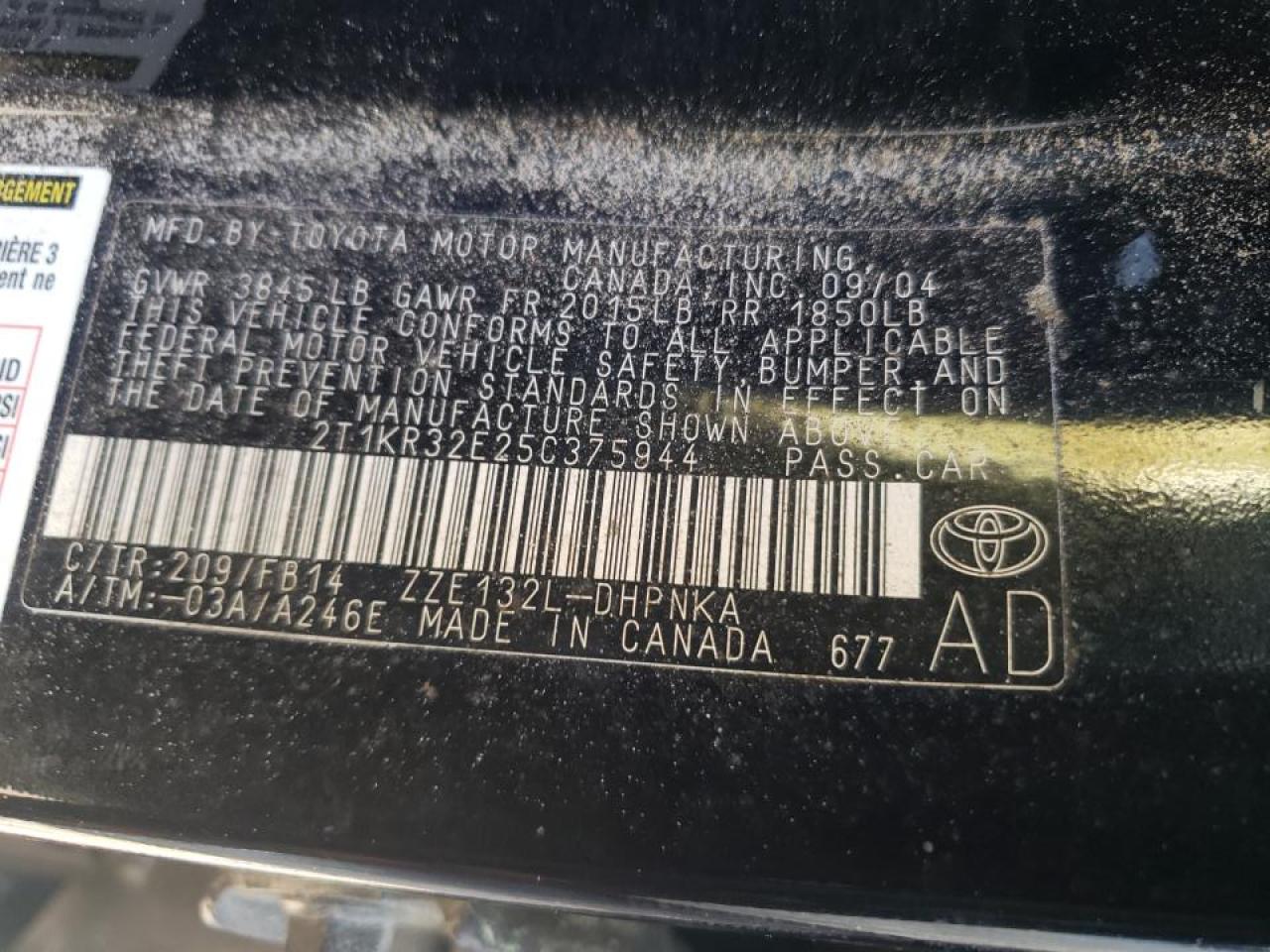 Photo 10 from auction – 2005 TOYOTA COROLLA MA with VIN 2T1KR32E25C375944