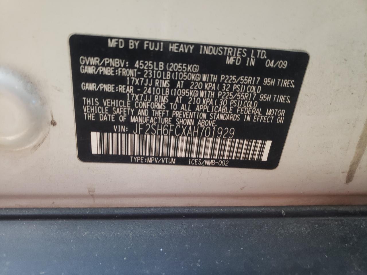 Photo 10 from auction – 2010 SUBARU FORESTER 2 with VIN JF2SH6FCXAH701929