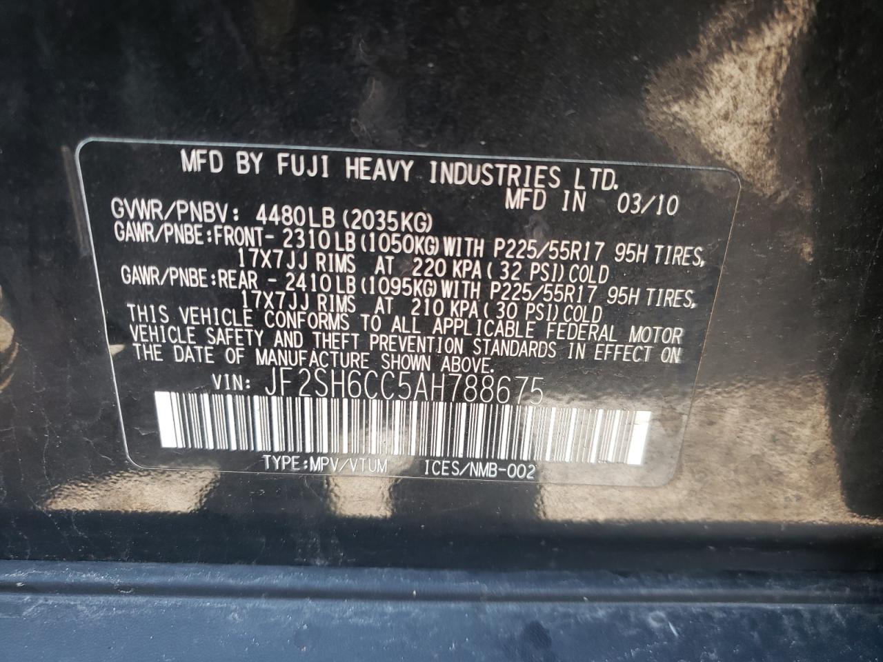 Фото 10 с аукциона – 2010 SUBARU FORESTER 2 с VIN JF2SH6CC5AH788675