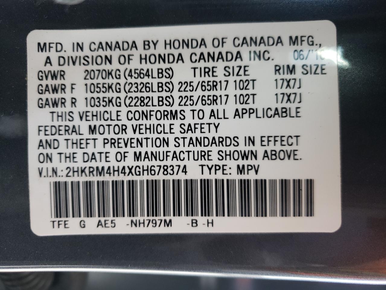 Photo 10 from auction – 2016 HONDA CR-V SE with VIN 2HKRM4H4XGH678374