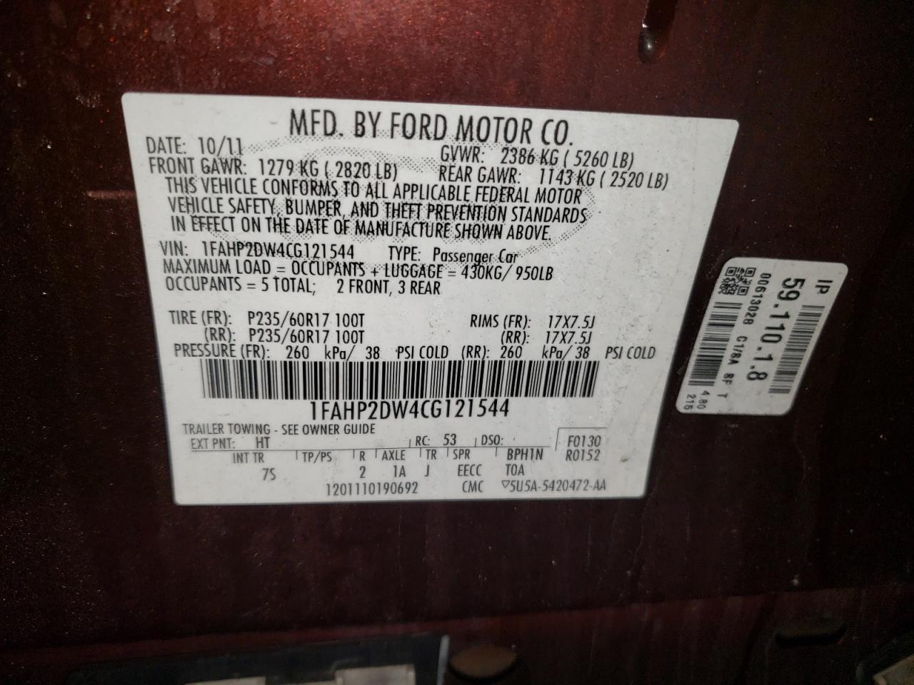 Photo 10 from auction – 2012 FORD TAURUS SE with VIN 1FAHP2DW4CG121544