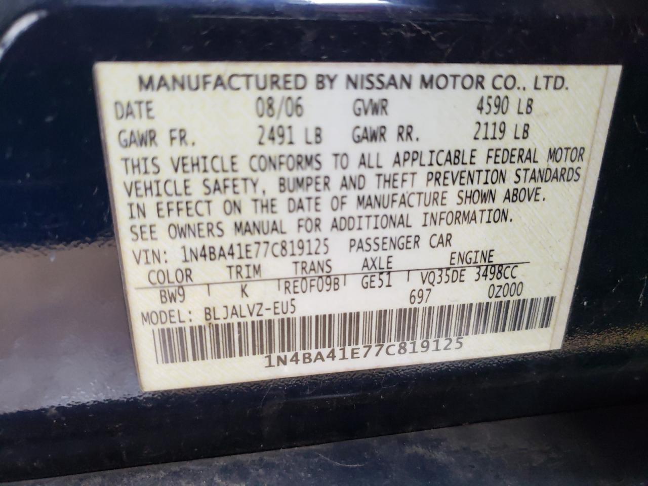 Photo 10 from auction – 2007 NISSAN MAXIMA SE with VIN 1N4BA41E77C819125