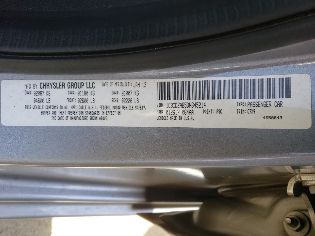 Photo 10 from auction – 2013 DODGE AVENGER SE with VIN 1C3CDZAB5DN645214
