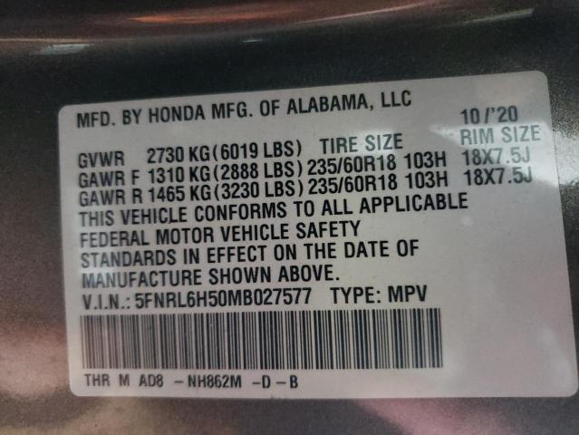 Photo 10 from auction – 2021 HONDA ODYSSEY EX with VIN 5FNRL6H50MB027577