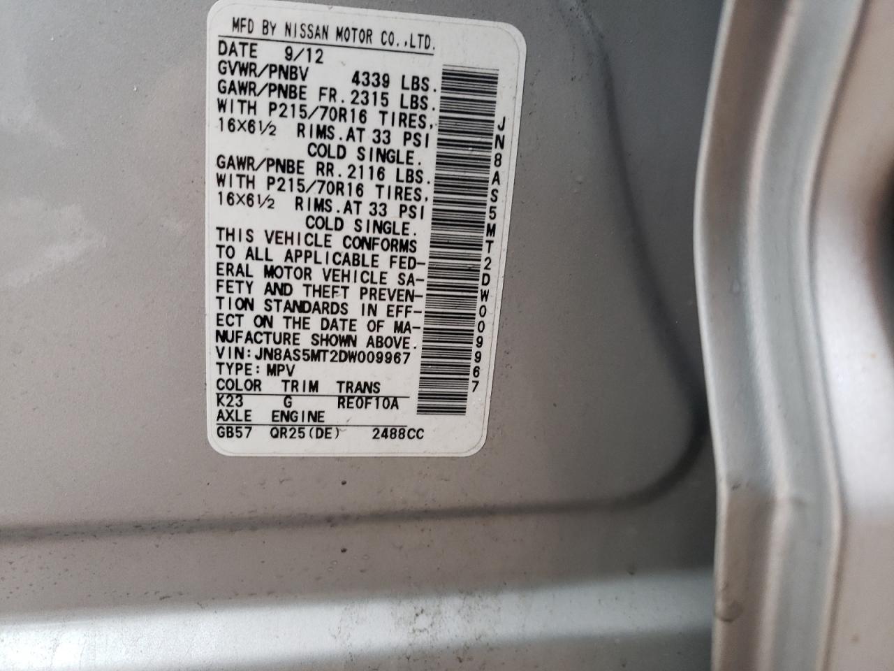 Photo 10 from auction – 2013 NISSAN ROGUE S with VIN JN8AS5MT2DW009967