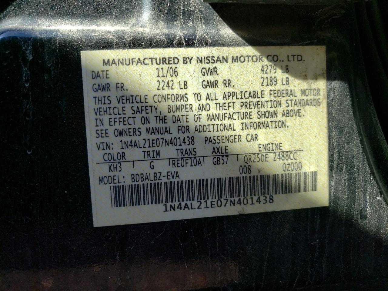 Photo 10 from auction – 2007 NISSAN ALTIMA 2.5 with VIN 1N4AL21E07N401438