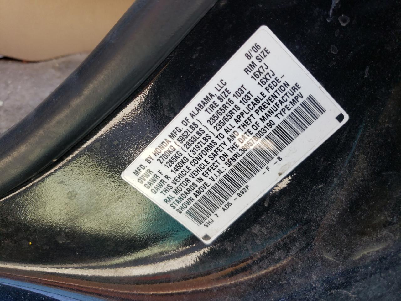 Photo 10 from auction – 2007 HONDA ODYSSEY EX with VIN 5FNRL38657B003190