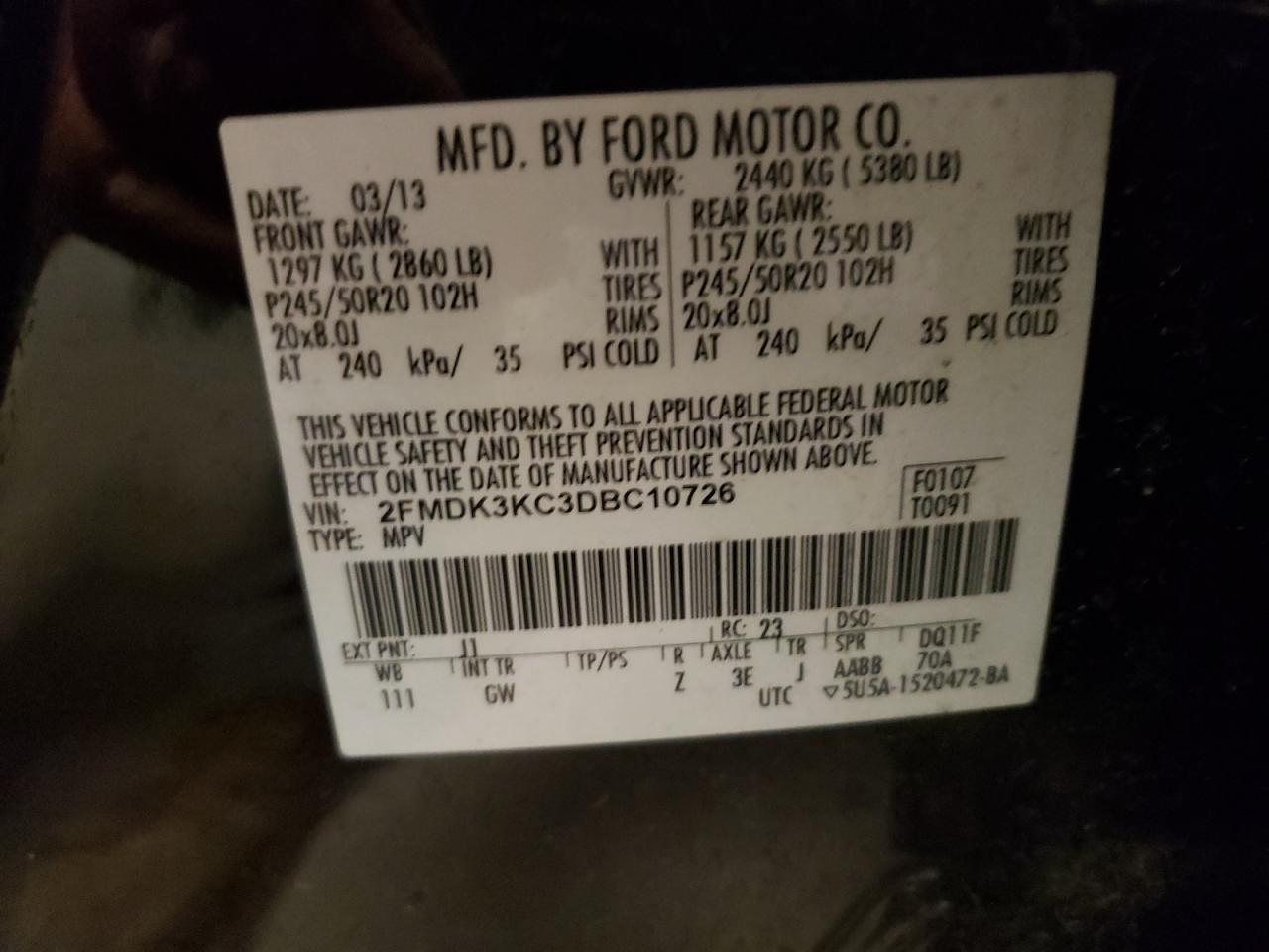 Photo 10 from auction – 2013 FORD EDGE LIMIT with VIN 2FMDK3KC3DBC10726