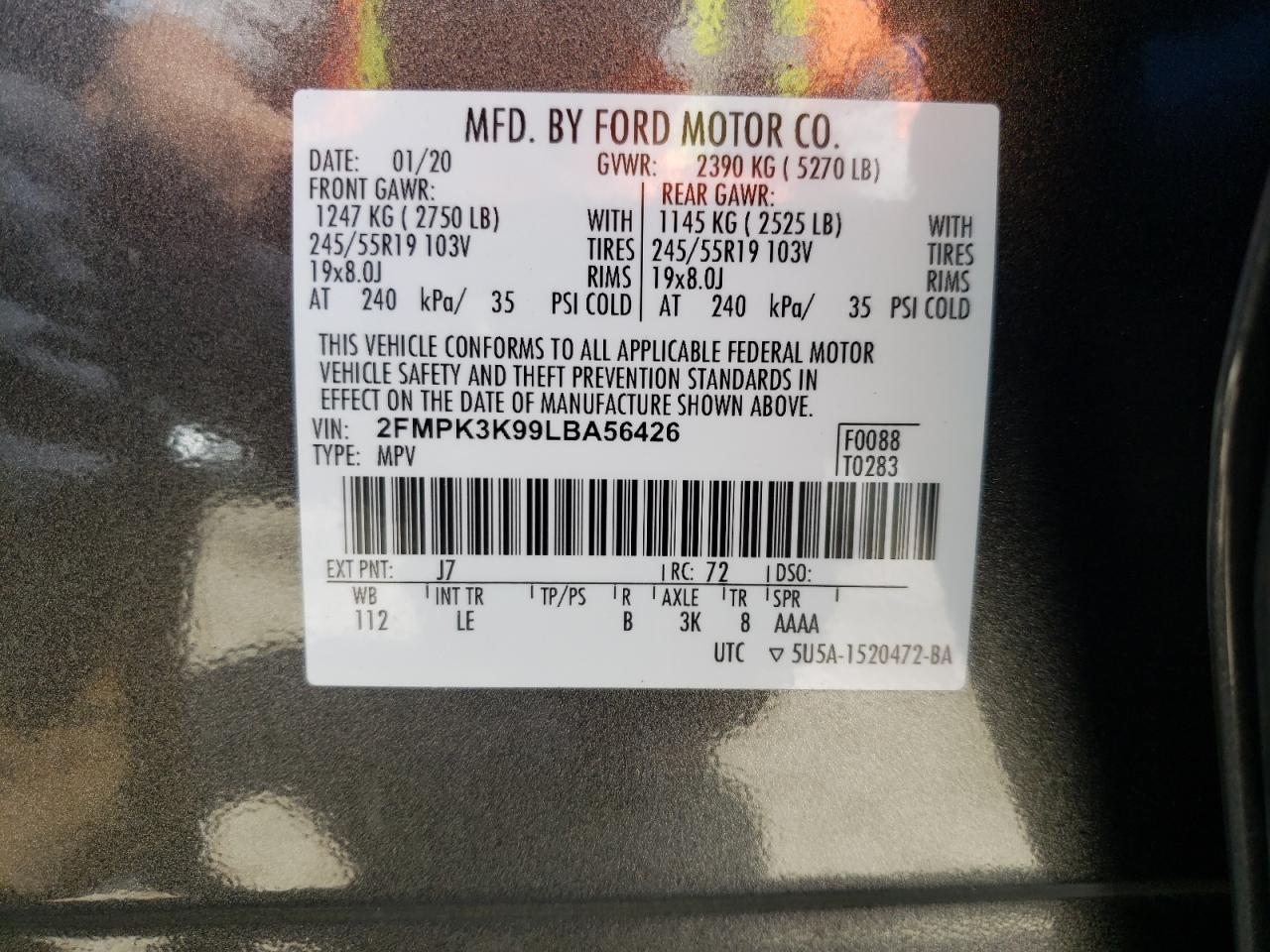 Photo 10 from auction – 2020 FORD EDGE TITAN with VIN 2FMPK3K99LBA56426