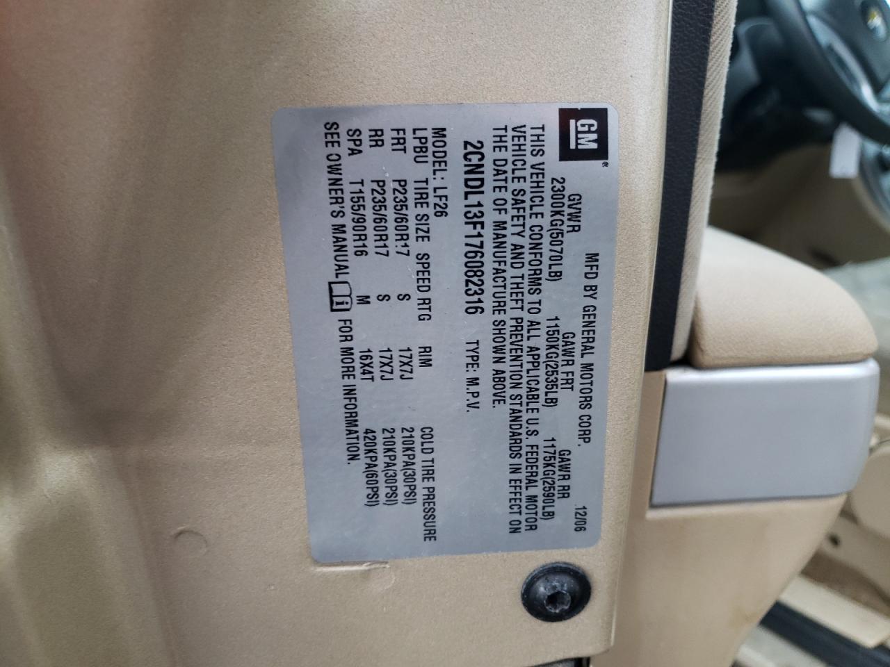 Photo 10 from auction – 2007 CHEVROLET EQUINOX LS with VIN 2CNDL13F176082316