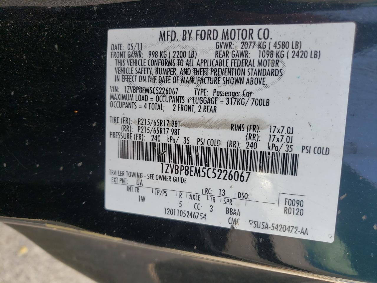 Photo 10 from auction – 2012 FORD MUSTANG with VIN 1ZVBP8EM5C5226067