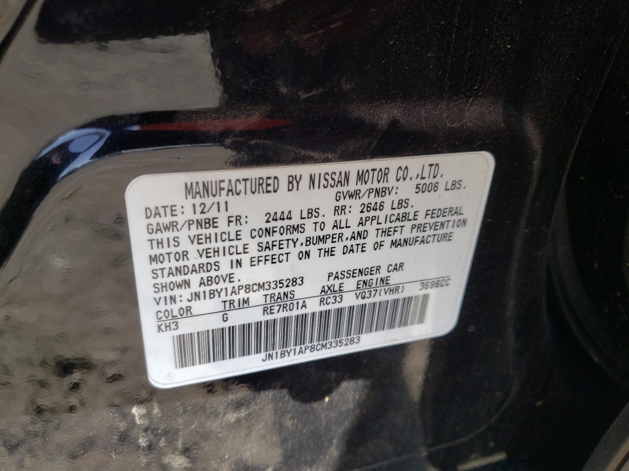 Photo 10 from auction – 2012 INFINITI M37 with VIN JN1BY1AP8CM335283
