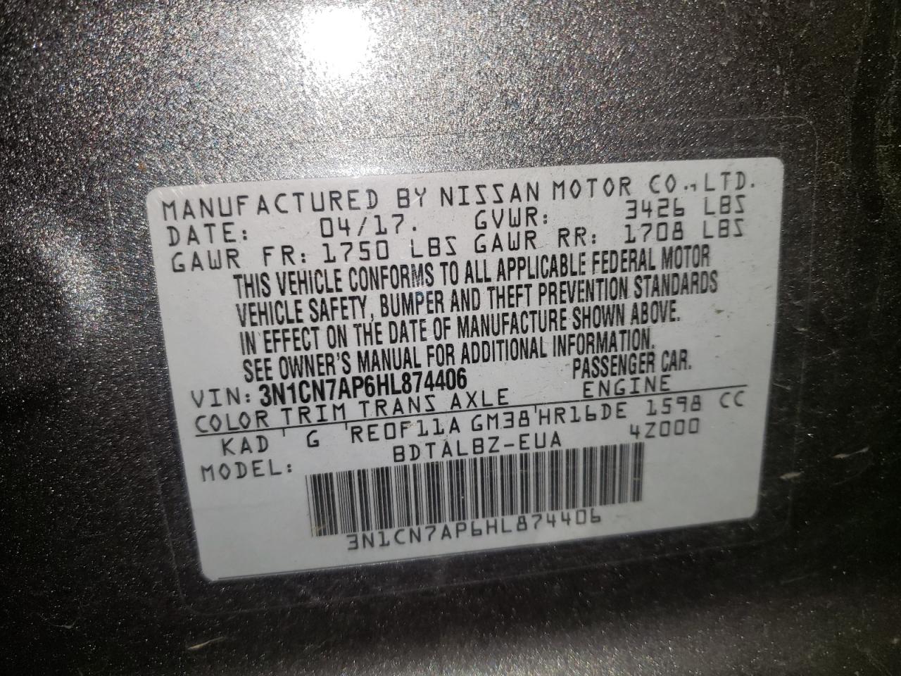 Photo 10 from auction – 2017 NISSAN VERSA S with VIN 3N1CN7AP6HL874406