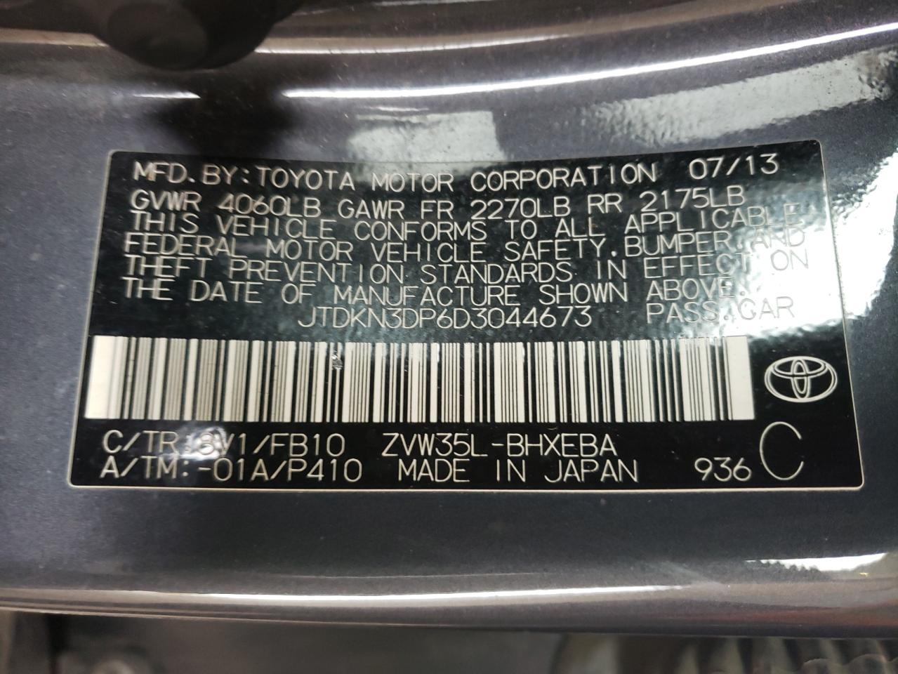 Photo 10 from auction – 2013 TOYOTA PRIUS PLUG with VIN JTDKN3DP6D3044673