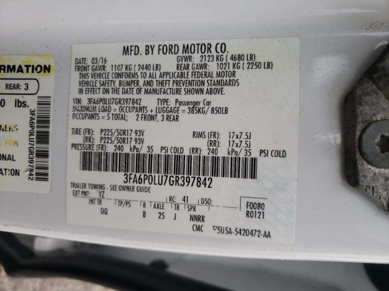 Photo 10 from auction – 2016 FORD FUSION SE with VIN 3FA6P0LU7GR397842