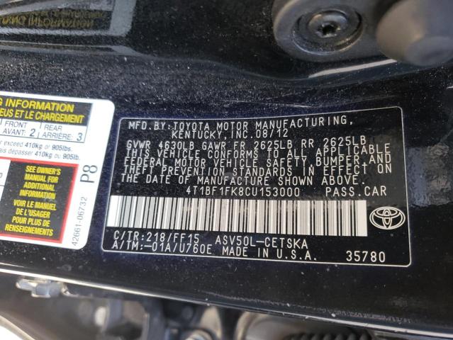 Photo 10 from auction – 2012 TOYOTA CAMRY BASE with VIN 4T1BF1FK8CU153000