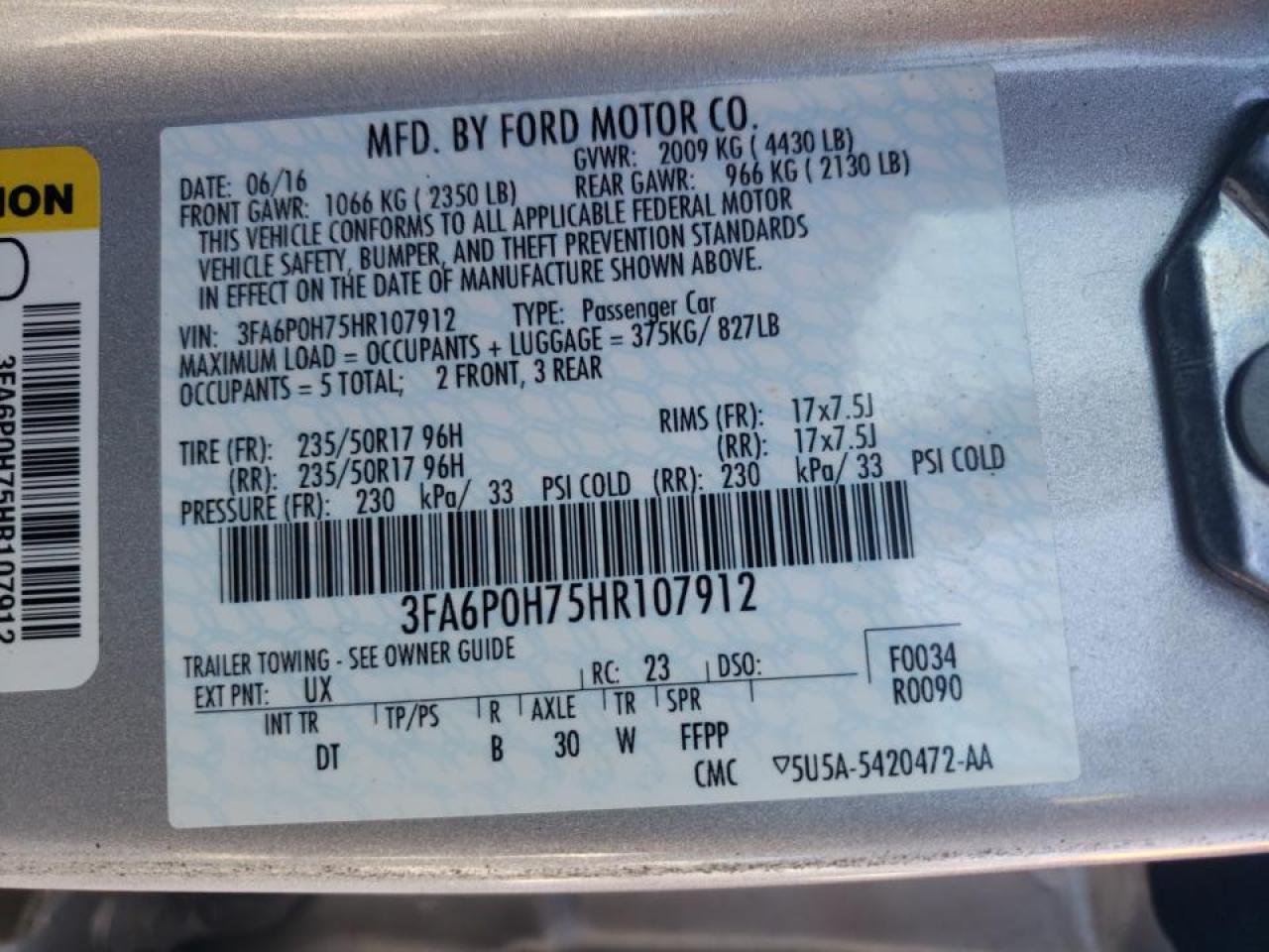 Photo 10 from auction – 2017 FORD FUSION SE with VIN 3FA6P0H75HR107912