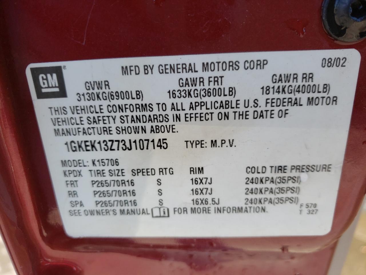 Photo 10 from auction – 2003 GMC YUKON with VIN 1GKEK13Z73J107145