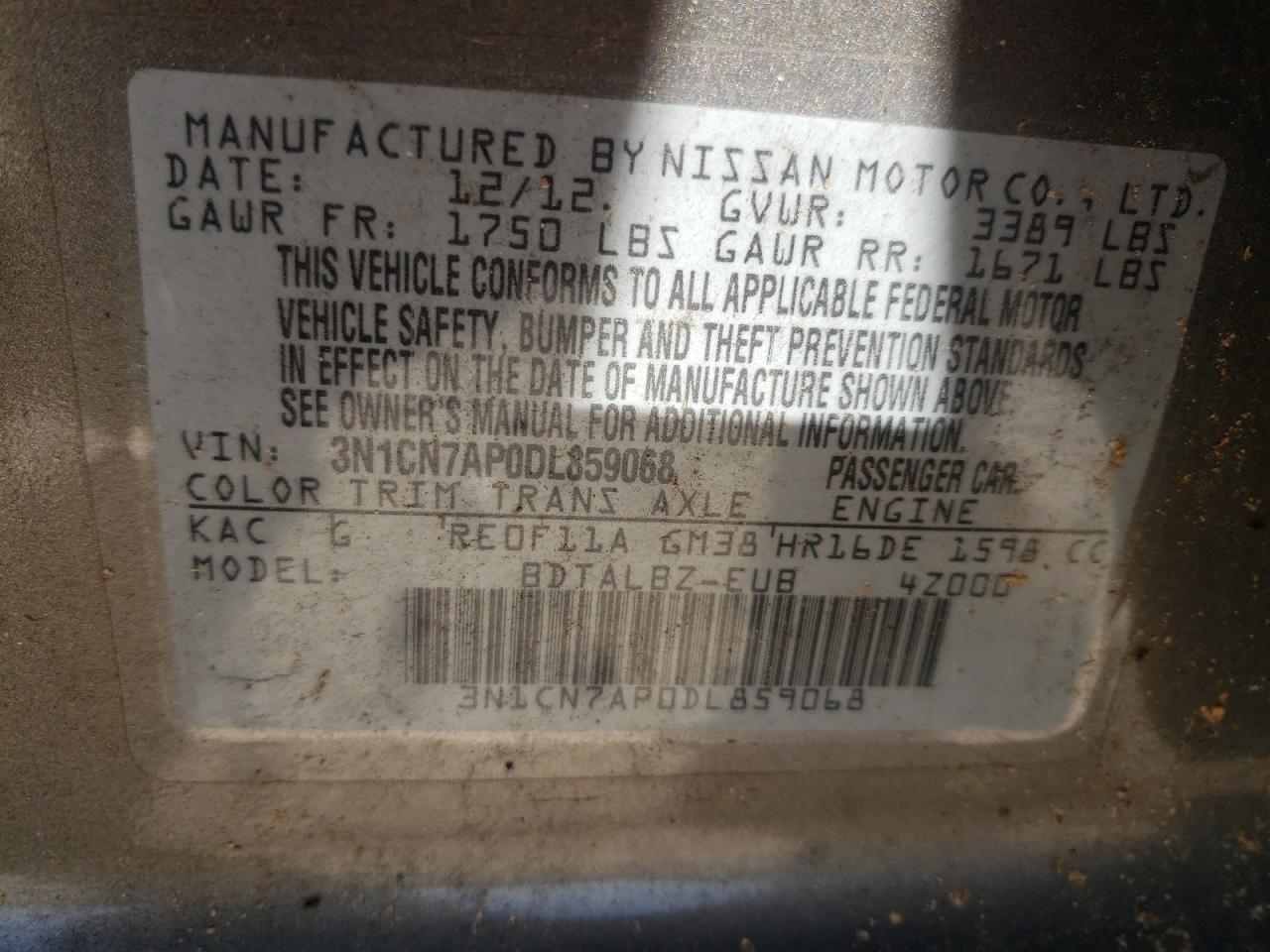 Photo 10 from auction – 2013 NISSAN VERSA S with VIN 3N1CN7AP0DL859068