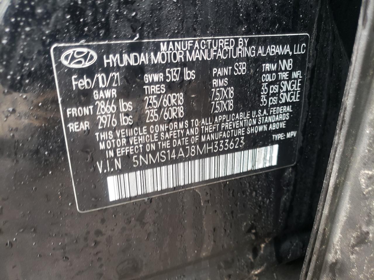 Photo 10 from auction – 2021 HYUNDAI SANTA FE S with VIN 5NMS14AJ8MH333623
