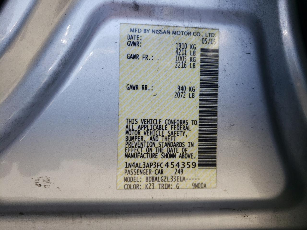 Photo 10 from auction – 2015 NISSAN ALTIMA 2.5 with VIN 1N4AL3AP3FC454359
