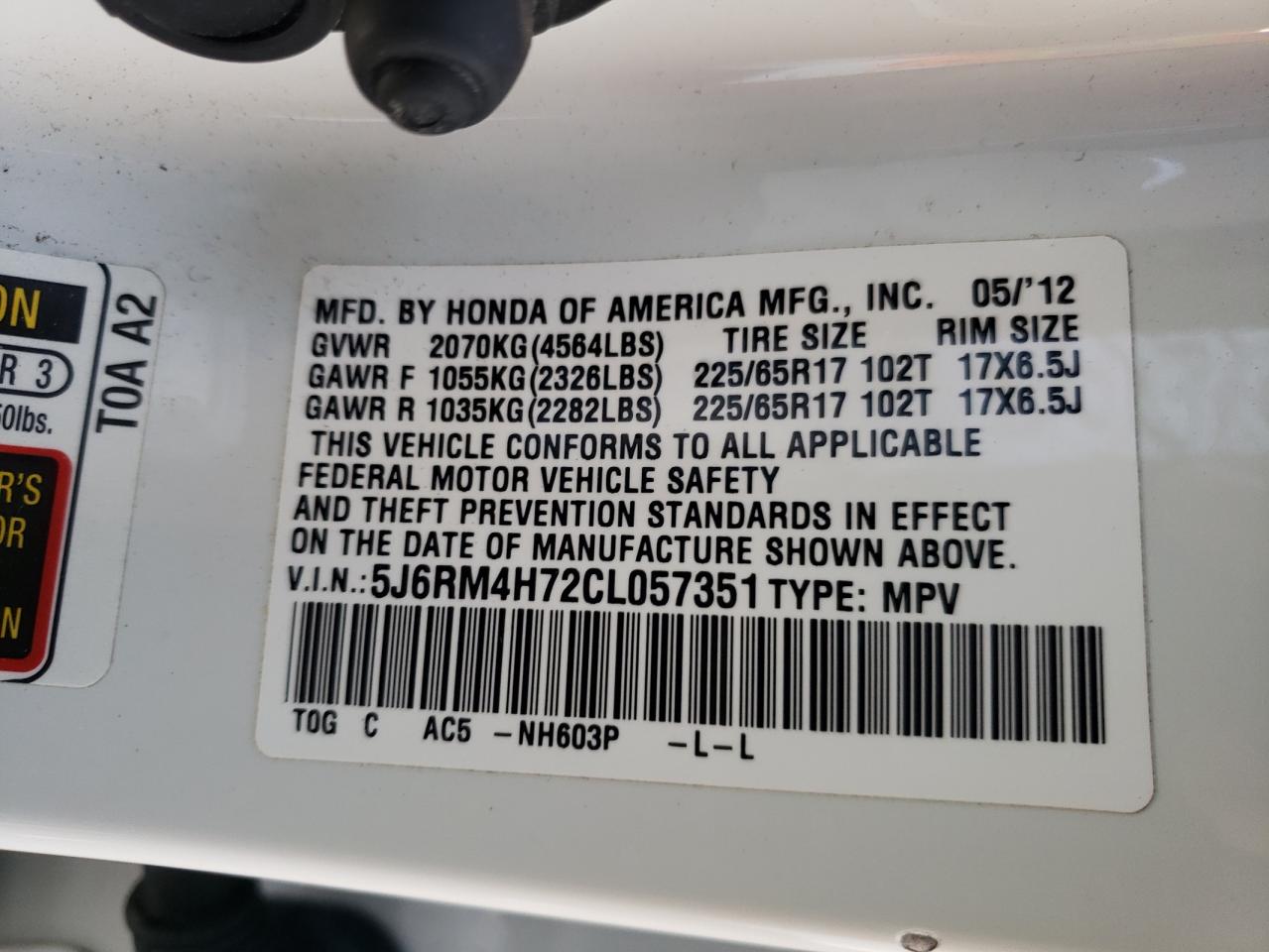Photo 10 from auction – 2012 HONDA CR-V EXL with VIN 5J6RM4H72CL057351