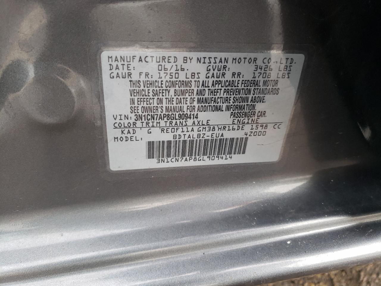 Photo 10 from auction – 2016 NISSAN VERSA S with VIN 3N1CN7AP8GL909414