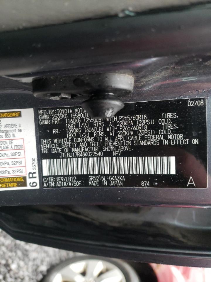 Photo 10 from auction – 2008 TOYOTA 4RUNNER LI with VIN JTEBU17R48K022540