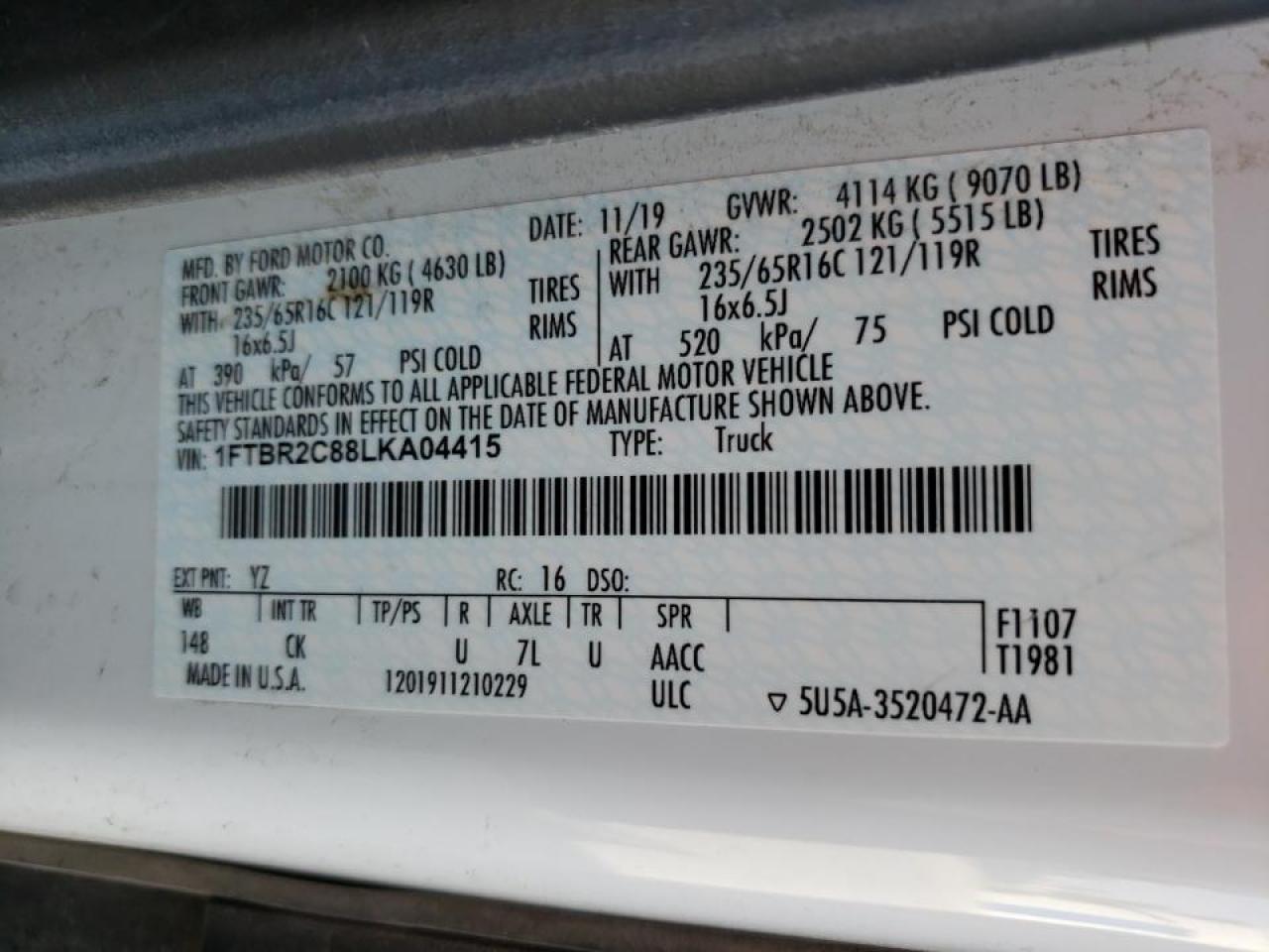 Photo 10 from auction – 2020 FORD TRANSIT T- with VIN 1FTBR2C88LKA04415