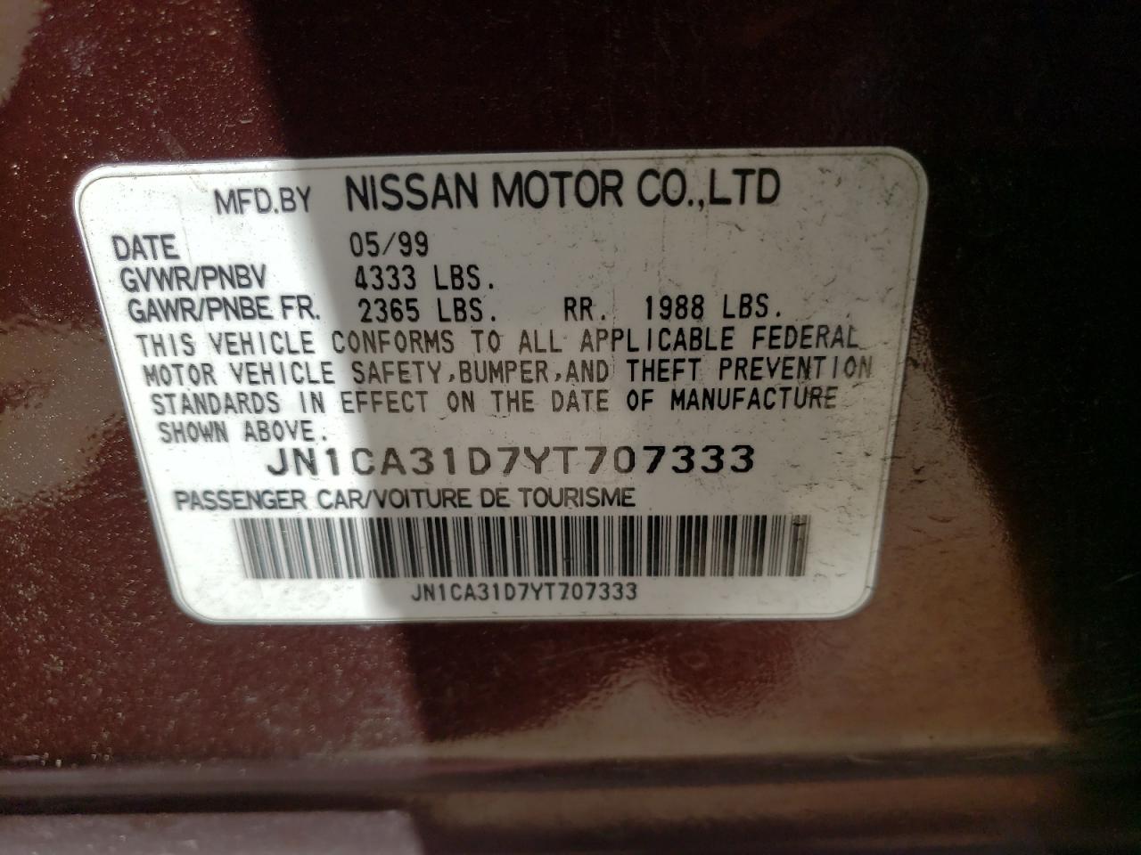 Photo 10 from auction – 2000 NISSAN MAXIMA GLE with VIN JN1CA31D7YT707333