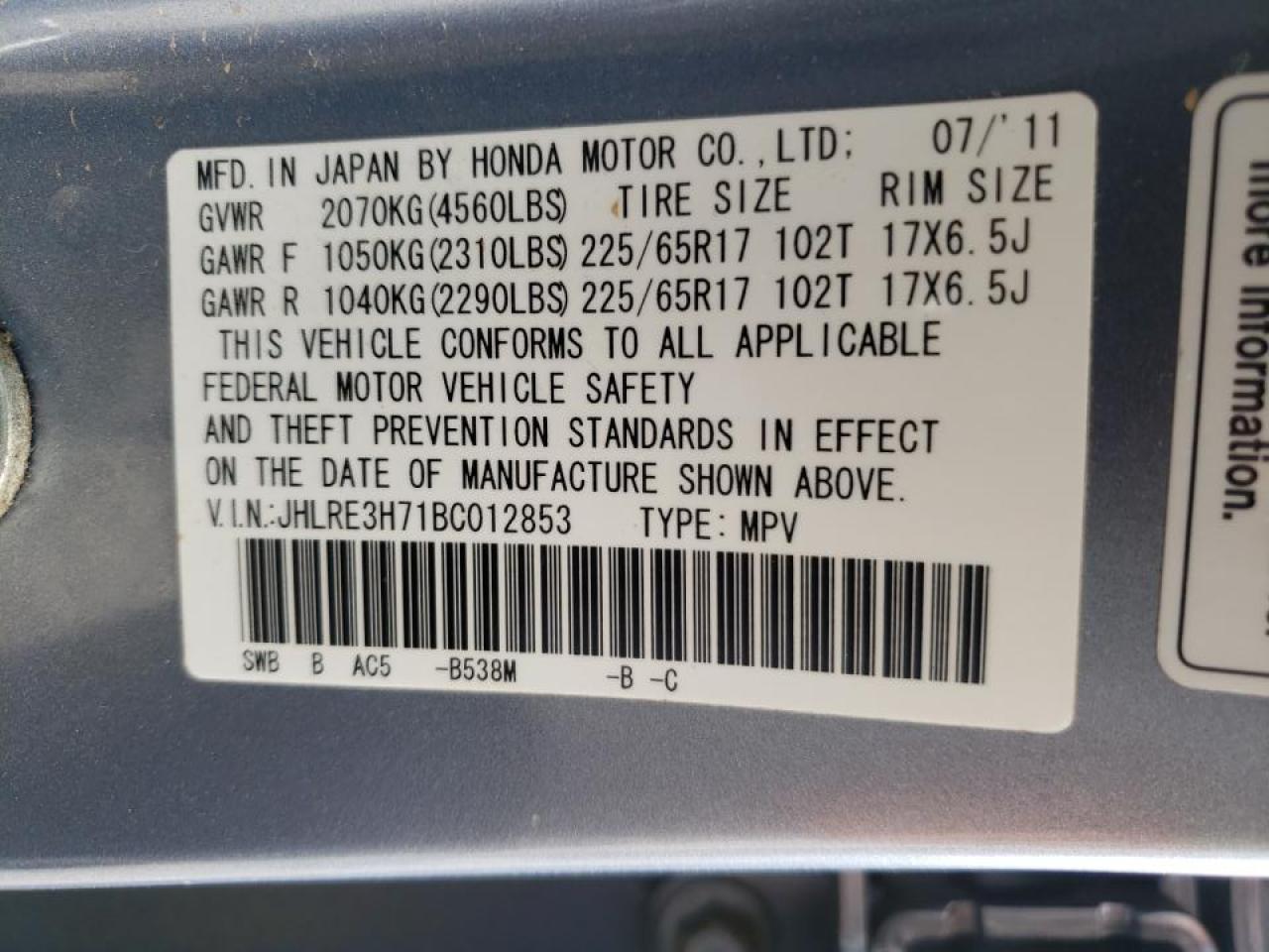 Photo 10 from auction – 2011 HONDA CR-V EXL with VIN JHLRE3H71BC012853