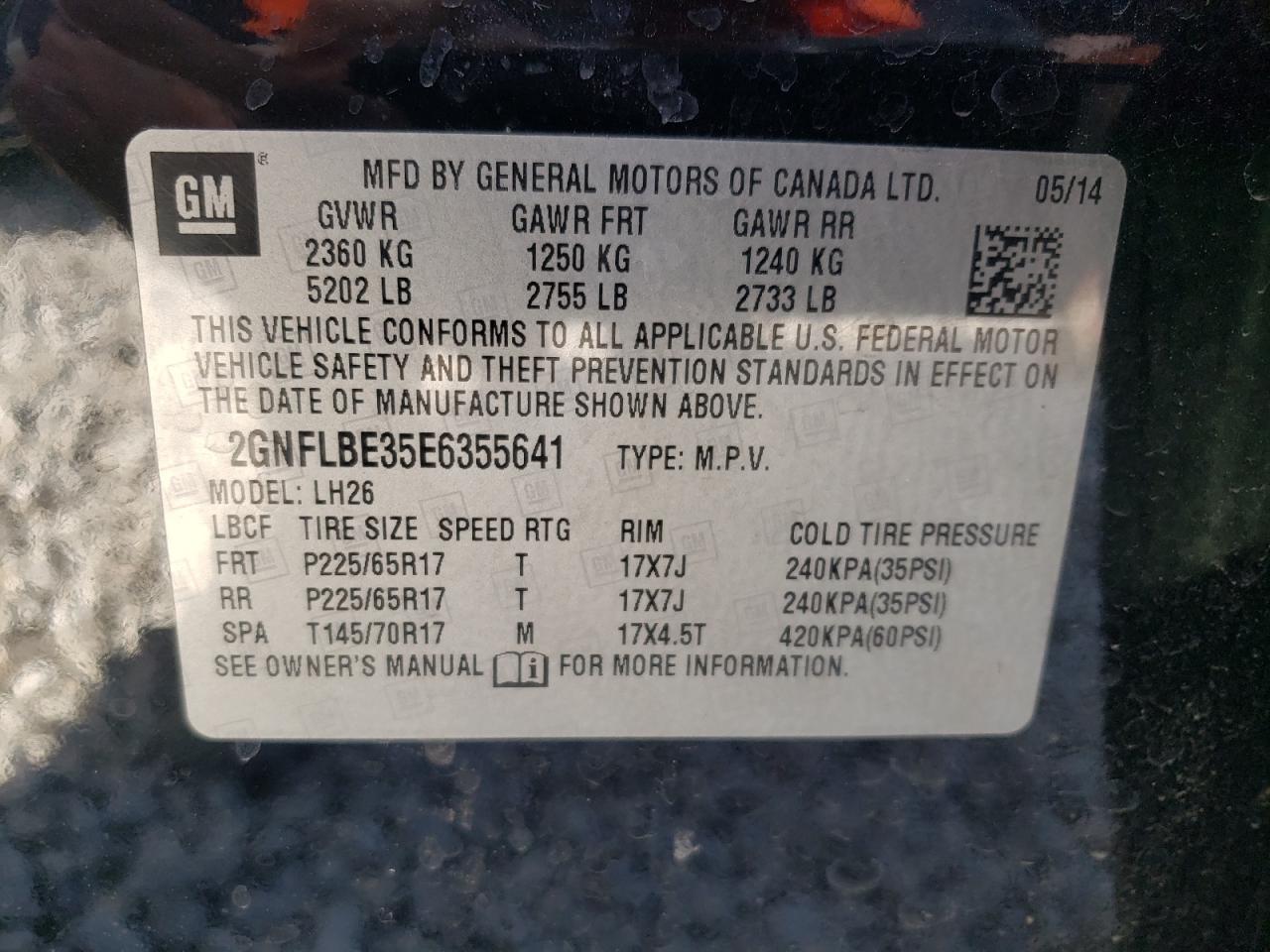 Photo 10 from auction – 2014 CHEVROLET EQUINOX LT with VIN 2GNFLBE35E6355641