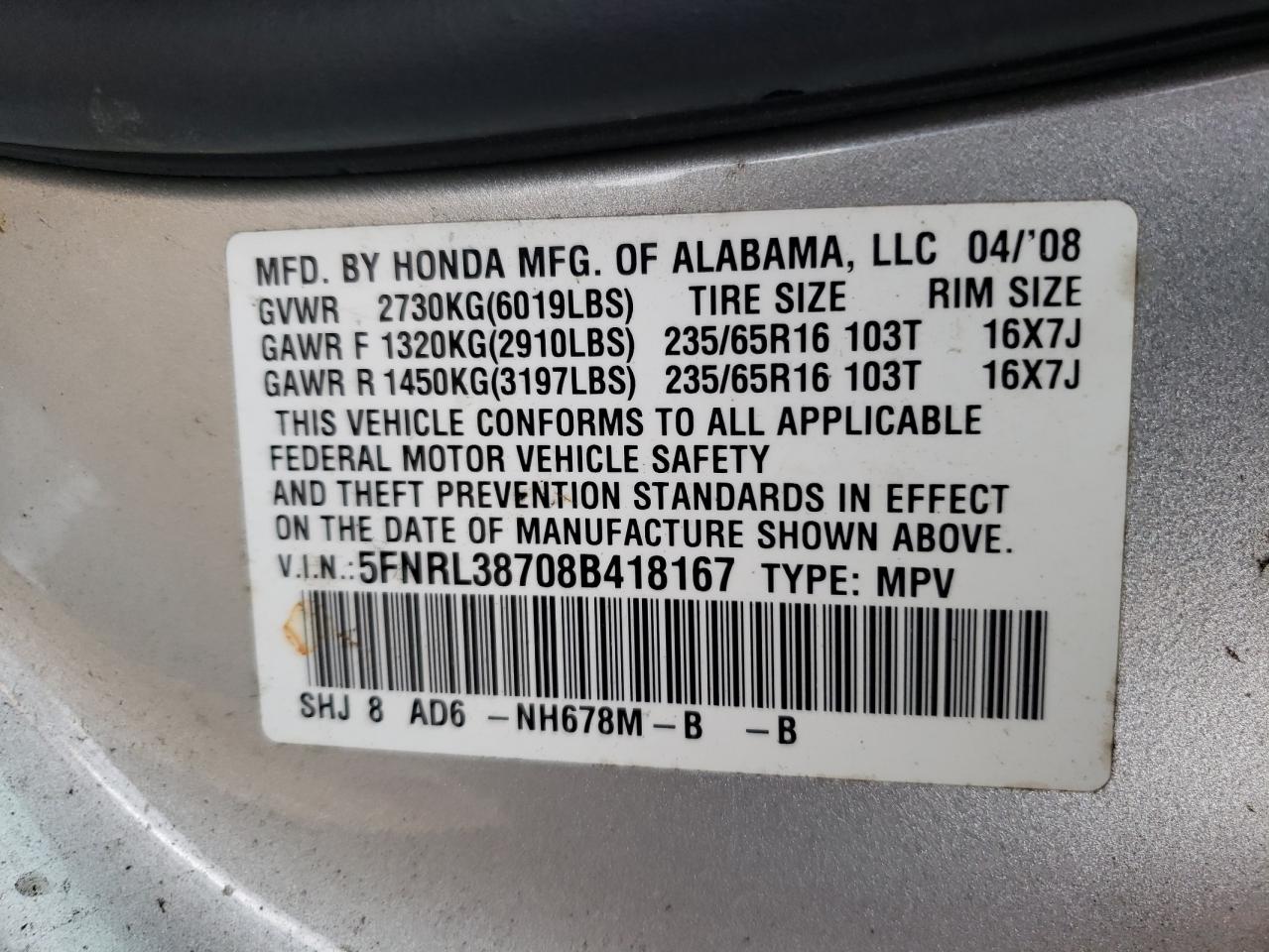 Photo 10 from auction – 2008 HONDA ODYSSEY EX with VIN 5FNRL38708B418167