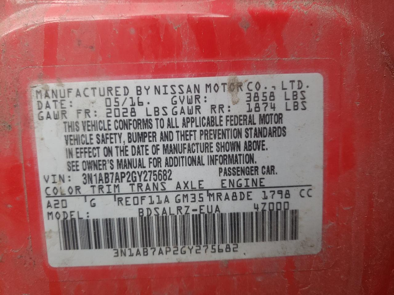Photo 10 from auction – 2016 NISSAN SENTRA S with VIN 3N1AB7AP2GY275682