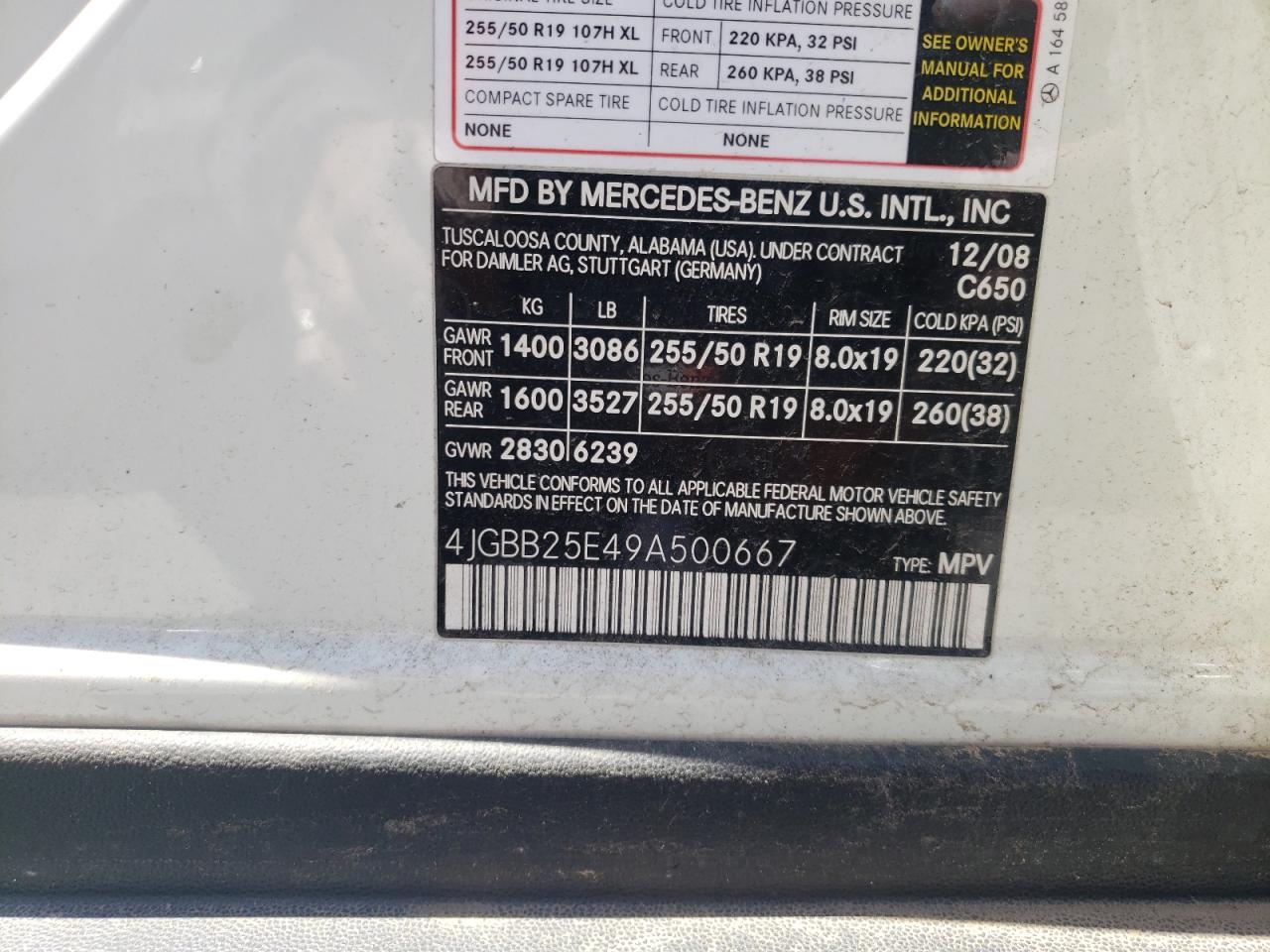 Photo 10 from auction – 2009 MERCEDES-BENZ ML with VIN 4JGBB25E49A500667