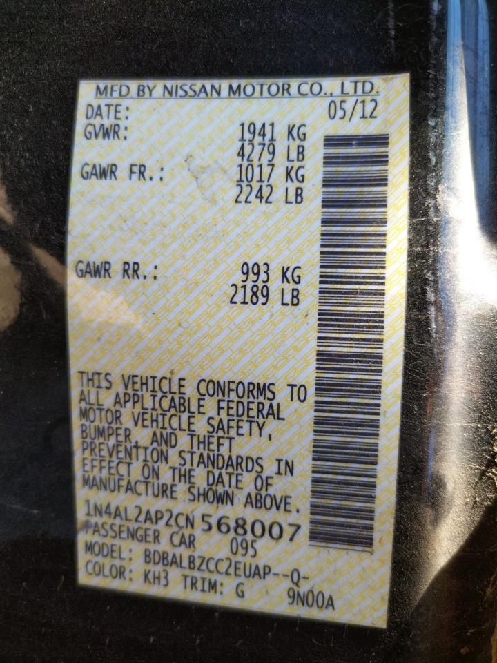 Photo 10 from auction – 2012 NISSAN ALTIMA BAS with VIN 1N4AL2AP2CN568007