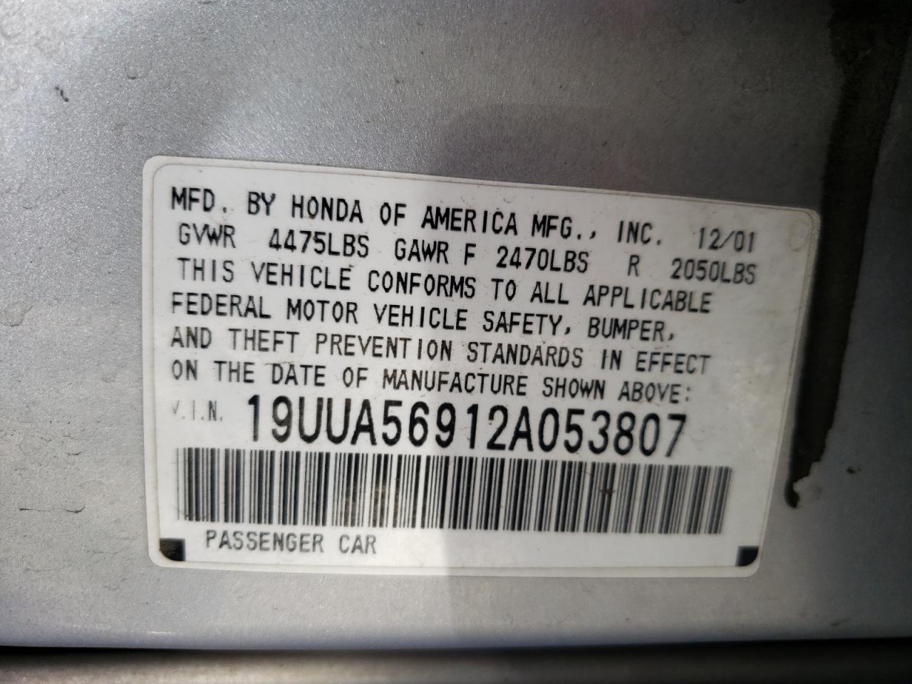 Photo 10 from auction – 2002 ACURA 3.2TL TYPE with VIN 19UUA56912A053807