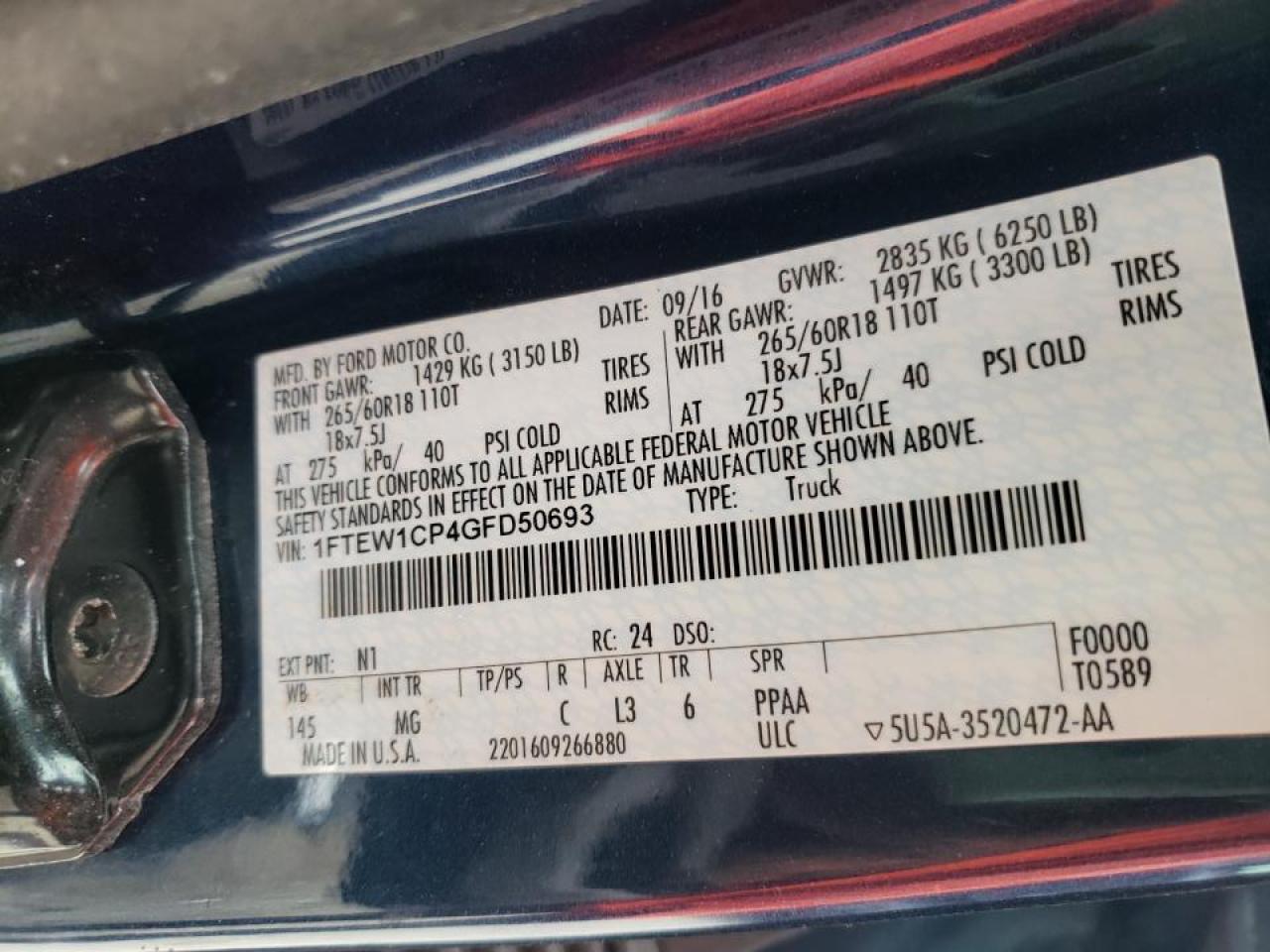 Photo 10 from auction – 2016 FORD F150 SUPER with VIN 1FTEW1CP4GFD50693