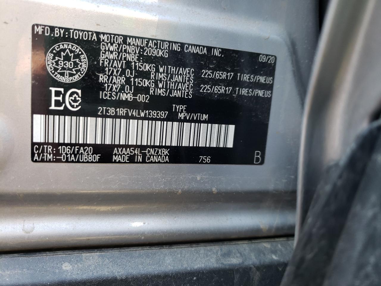 Photo 10 from auction – 2020 TOYOTA RAV4 LE with VIN 2T3B1RFV4LW139397