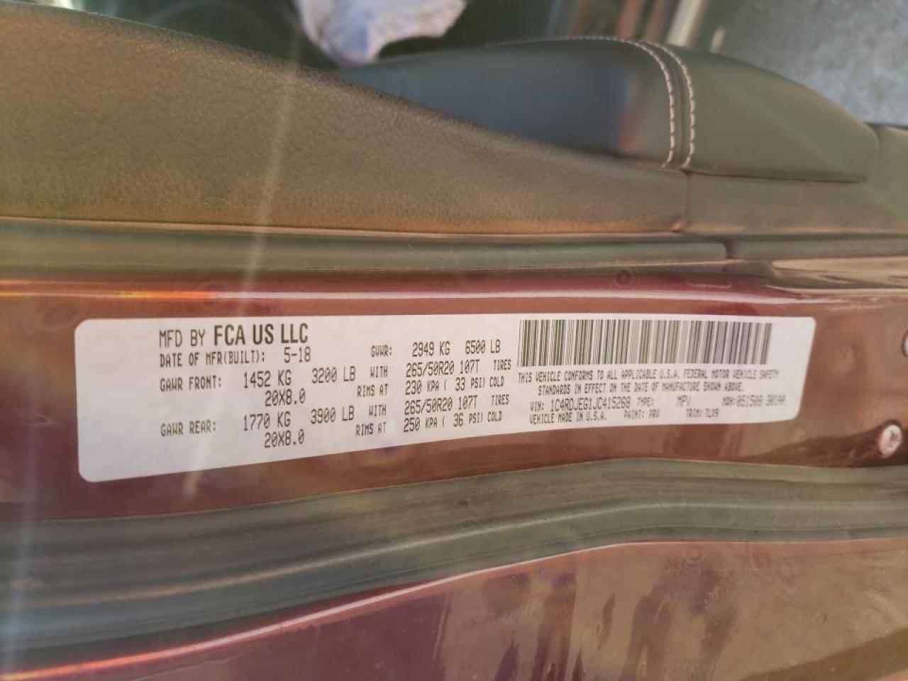 Photo 10 from auction – 2018 DODGE DURANGO CI with VIN 1C4RDJEG1JC415268
