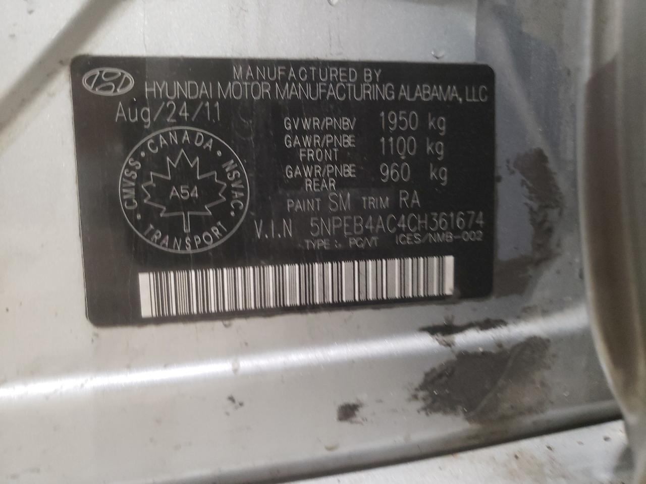 Photo 10 from auction – 2012 HYUNDAI SONATA GLS with VIN 5NPEB4AC4CH361674