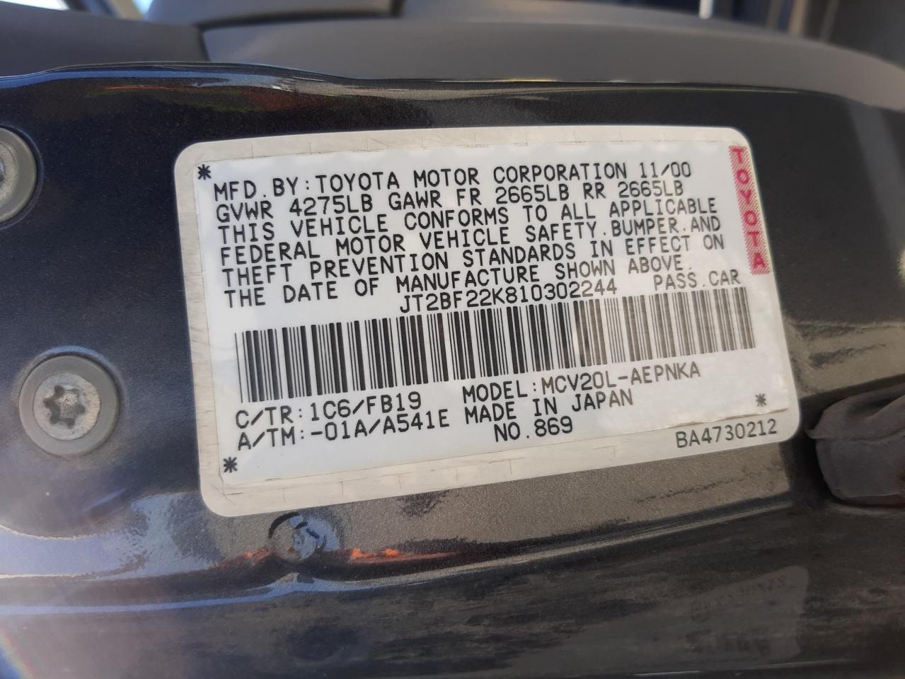 Photo 10 from auction – 2001 TOYOTA CAMRY CE with VIN JT2BF22K810302244